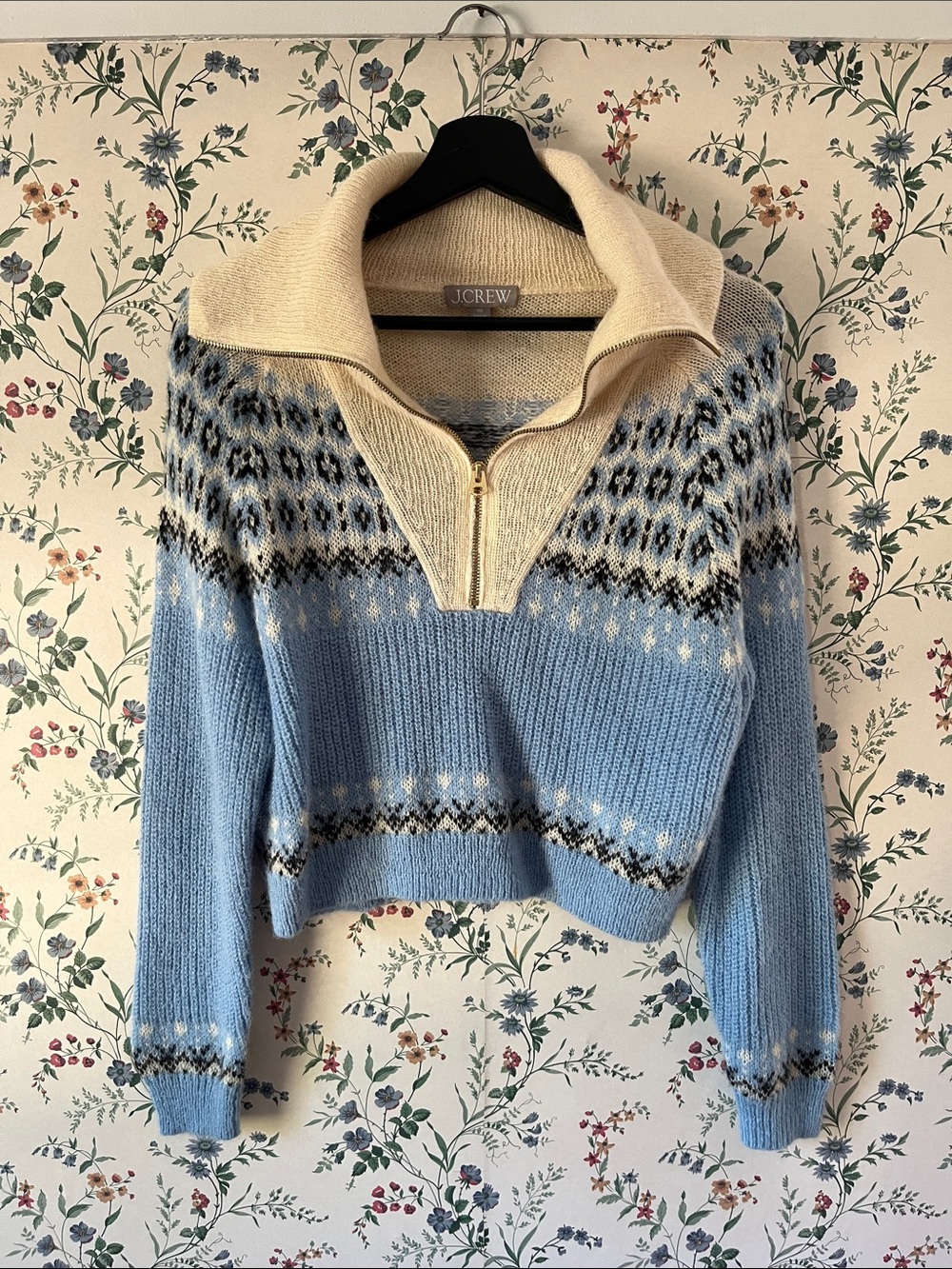 J. Crew Light Blue & Cream Fair Isle Half-Zip Turtleneck Sweater